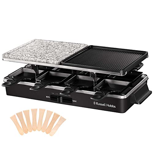 Russell Hobbs Raclette Grill 8 Personen [inkl. 8 Pfännchen & Holzspachtel, 2 Tischgrill-Platten] Multi-Grill (Naturstein mit Saftrinne & antihaftbeschichtete Wendeplatte geriffelt/Teppanyaki) 26280-56