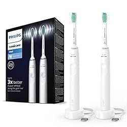 Philips Sonicare 3100 Series elektrische Zahnbürste mit Schalltechnologie Doppelpack, mit Drucksensor und Bürstenkopf-Wechselanzeige, HX3675/13, Weiß