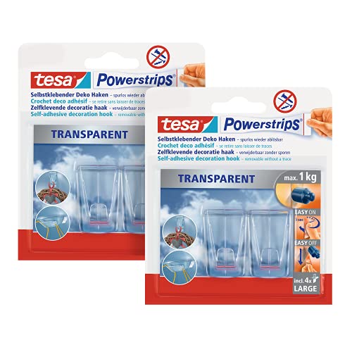 tesa Klebehaken für transparente Oberflächen und Glas (1 kg) im 2er Pack - Durchsichtige, selbstklebende Haken - Bis zu 1 kg Halteleistung pro Haken, 2-er Pack