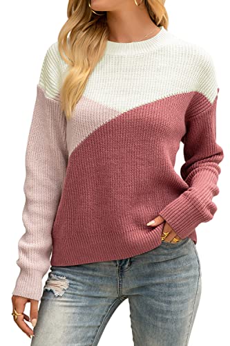 Onfettic Damen Strickpullover Winter Langarm Farbblock Casual Pullover Rundhals Lose Mode Sweatshirt, Größe S -  L