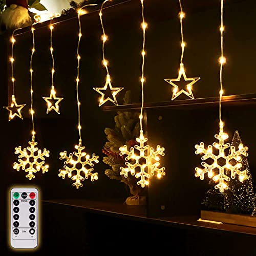 SALCAR 3x1m LED Lichtervorhang Außen Sterne Schneeflocken, USB Lichterkette Vorhang Innen Fenster, Sternenlichterkette mit Fernbedienung und 8 Modi, Warmweiß [Energieklasse A+++]