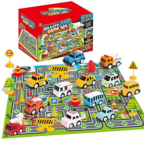 Car Toys 12 Pull Back / 12 Rückkehr Autos, 12 Straßenschilder, 1 Stadt Spielmatte, 2 Würfel, das Auto Spielzeugset