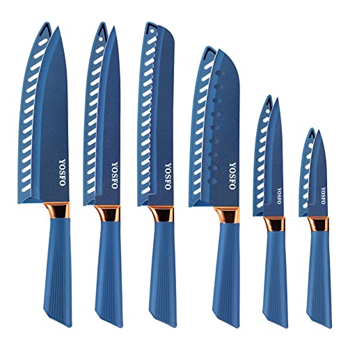 Messerset 6-teilig, Messer Set Küchenmesser Scharfe Stahlklinge Antihaftbeschichtet Schutzhülle, Inklusive Kochmesser/Brotmesser/Santoku-Messer/Universalmesser/Tranchiermesser/Gemüsemesser, Blau