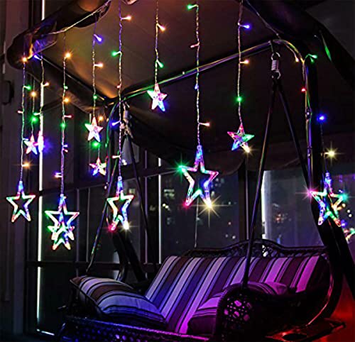 Sternenvorhang Lichterkette 2.5M LED Lichterkette Sterne 8 Modi Weihnachtsbaum Lichterkette 12 Sterne 138 LED Lichtervorhang Weihnachtsbeleuchtung für Garten, Wohnzimmer (Bunt）