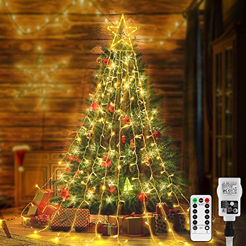 Christbaumbeleuchtung mit Sterne - 1.5M Christbaum LED Überwurf mit 8 Modi, 155 LED Weihnachtsbeleuchtung 9 Stränge LED Lichterkette, Wasserdicht Weihnachtsbaum Lichterkette für Dekor Innen Außen