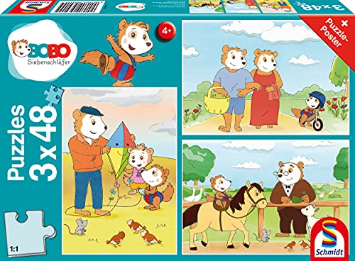 Schmidt Spiele 56415 Bobo Siebenschläfer, Auf ins Abenteuer, 3x48 Teile Kinderpuzzle, bunt