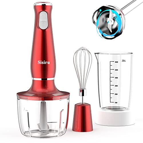 Stabmixer Set, 4-in-1 Rührgeräte (Pürierstab, Zerkleinerer, Schneebesen & Messbecher), 800W Motor,Rot, Küchengeräte für Smoothie, Suppen, Joghurt, Saucen, Drücken Sie beide Tasten zu Funktioniert