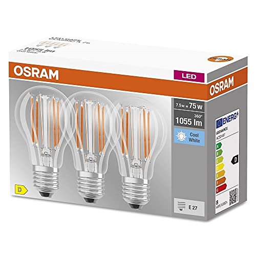 3er-Box OSRAM LED BASE Classic A75, klare Filament LED-Lampen aus Glas für E27 Sockel, Birnenform, Kaltweiß (4000K), 1055 Lumen, Ersatz für herkömmliche 75W-Glühbirnen