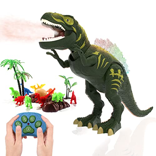Dinosaurier-Spielzeug mit Fernbedienung – Projektions-Sprühfunktion, LED-Beleuchtung, Gehen und Brüllen, realistisches T-Rex-Dinosaurier-Spielzeug, Geschenke für 3+ Jahre alte Jungen Mädchen (grün)