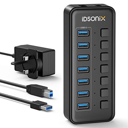 iDsonix USB 3.0 Powered Hub, 7-Port USB Splitter mit individuellen EIN/Aus-Schaltern und 12 V/6,5 A Power Adapter, USB Hub für Laptops, PCs und mehr