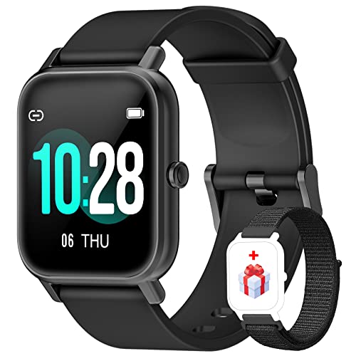 Smartwatch IOWODO Damen Herren Watch 1.3 Zoll Fitnessuhr mit SpO2 überwachung Herzfrequenz Schrittzähler Kalorien Musiksteuerung 5ATM Wasserdicht Sportuhren Geeignet für Android IOS (Schwarz)