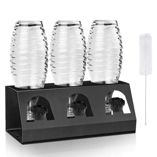 Sodastream Flaschenhalter, 3er Abtropfhalter Abtropfständer, Edelstahl Abtropfgestell Flaschen mit Flaschenbürste Abtropfmatte, Abtropfgestell Flaschenhalter, für Crystal Glas Emil Flaschen, Schwarz