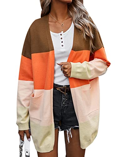 ZIYYOOHY Damen Strickjacke Lang Cardigan Langarm Farbblock Pullover Strickmantel mit Taschen, Größe S - XL