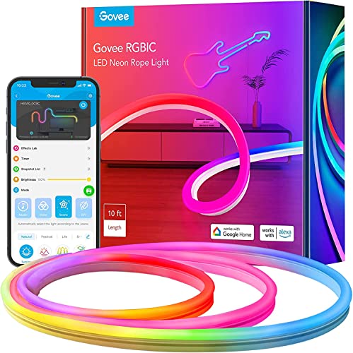 Govee Neon LED Strip 3m, RGBIC Neon LED Streifen mit App-Steuerung, DIY-Funktion, Musik Sync, funktioniert mit Alexa und Google Assistant, Neon Lichtband für Wohnzimmer, Schlafzimmer, Wand Deko