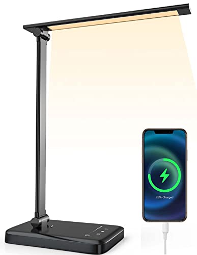 Schreibtischlampe Led Dimmbare 42lEDS Helligkeitsstufen Tageslichtlampe Tischleuchte 5 Farb Und 5 Tischlampe Nachttischlampe Usb-Aufladen FüR Des FüR Phones,Augenschutzlicht,Leselampe (voll schwarz) [Energieklasse G]