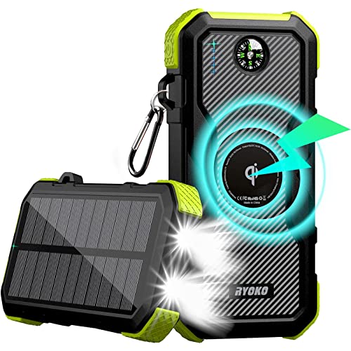 Qi Wireless Solar Powerbank 26800mAh, 18W Wasserdichtes Solar Ladegerät USB C Externer Akku mit 3 Ausgängen und 2 LED-Taschenlampen, Tragbares Outdoor Powerbank für Handys, Tablets