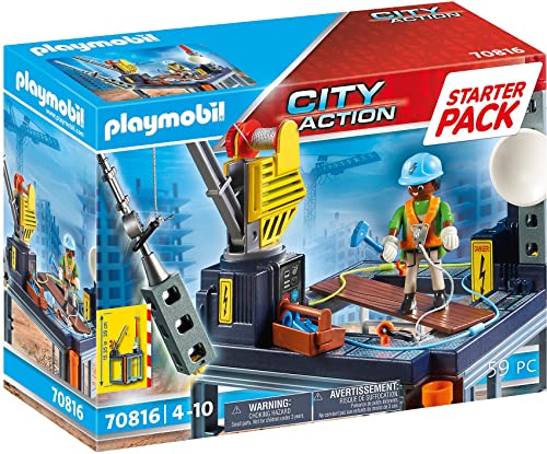 PLAYMOBIL City Action 70816 Starter Pack Baustelle mit Seilwinde, Spielzeug für Kinder ab 4 Jahren