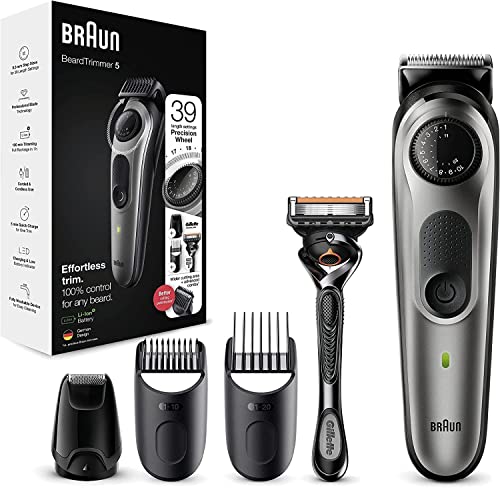 Braun Barttrimmer 5, Trimmer/Haarschneider Herren, Haarschneidemaschine, für Gesichts- und Kopfhaare, lebenslang scharfe Klingen, 39 Längeneinstellungen, Geschenk Mann, BT5365, schwarz/silber