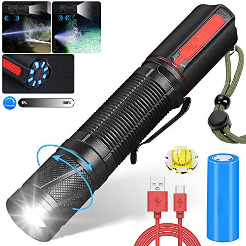 LED Taschenlampe Extrem Hell Dimmbar, Taschenlampe Led Aufladbar USB C High Lumen Wasserdicht 4 Modi Zoombar Taktische Taschenlampe Batteriebetrieben für Camping Notfall Ausrüstung [Energieklasse A+++]