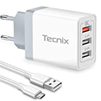 Tecnix USB Ladegerät mehrfach 30W 3 Ports, QC 3.0 Ladeadapter USB Netzteil mit Micro Ladekabel, Schnellladegerät für Samsung Galaxy S20/S10/S9/S8/Note,Huawei,XiaoMi,Handys, Kamera,Tablets usw. (Weiß)