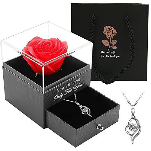 Die Schöne und das Biest Rose Geschenk Kit,Geschenke für Frauen Handgefertigte konservierte Rosen schmuck mit Herz Halskette, Rosenbox Geburtstag, Hochzeitstag Geschenke für Sie Freundin Frauen