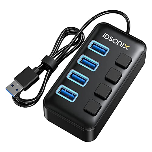 iDsonix USB 3.0 Hub, 4-Port USB-Hub mit 1 Typ-C 5V/2A Type-C 5V/2A Netzteilanschluss, 5Gbps Übertragungsgeschwindigkeit, USB-Splitter, einzelne LED-Schalter, USB-A-Hub für PC, Desktop, Laptop usw