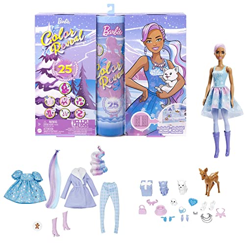 Barbie HJD60 - Color Reveal-Adventskalender, 1 Color Reveal-Puppe und 3 Tiere, Kleidung, Accessoires und 2 Haarverlängerungen, 25 Überraschungen, Weihnachtsgeschenke für Kinder ab 3 Jahren