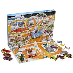 Hot Wheels HCW15 - Adventskalender 2022 für Kinder mit Spielzeug für 24 Tage, enthält 8 weihnachtliche Spielzeug-Autos, diverses Zubehör und Rennbahn, ab 3 Jahre