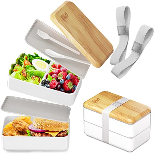 Eoako Brotdose Lunchbox Erwachsene Kinder mit Fächern,Auslaufsichere Bento Boxen mit Trennwand Besteck,Brotzeitbox für Kindergarten Schule Arbeit Picknick Reisen(1400ml-Weiß)