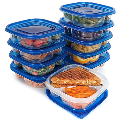 FRESHLY CONTAINED 10Stk x 2 Fächer Frischhaltedosen mit Deckel Kunststoff - 620ml Mehrweg Bento Box Plastikbehälter mit Deckel BPA-Frei - Brotdosen Stapelbar für Einfrieren/Mikrowellen/Spülmaschine