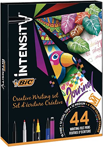 BIC Intensity Stifte Set à 44: 12 Dual Tip Brush Filzstifte und 3 verschiedene Fineliner Arten: 12 mit mittlerer Spitze, 16 mit feiner Spitze und 4 mit 'Colour Change' Funktion