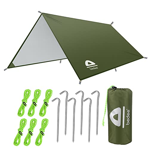 bedee Camping Zeltplane, Tarp für Hängematte Wasserdicht 3m x3.2m, Regenschutz Sonnensegel mit Ösen+6 Aluminium Erdnägel+6 Seilen