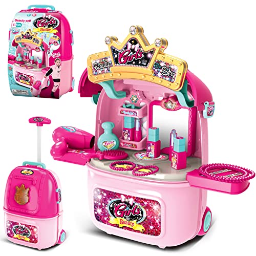 Dreamon Schminkset Mädchen Rollenspiele Spielzeug 2 in 1 Schminkkoffer Kinderschminke Schminktisch Zubehör Hübsch in Rosa Schminksets Princess Toys für Mädchen