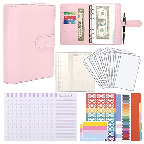 Deuvuo Budget Planner Deutsch - 88 Stück Leder A6 Budget Binder mit Budgetblätter,Binderumschlägen,Wochenplaner,Schreibpapier ,Etikettenaufkleber ,Kategorie Aufkleber für geldsparenden(Rosa)