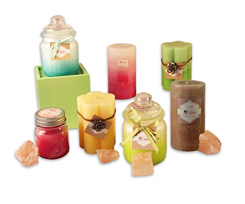 Candele D'Aurora Set mit 7 verschiedenen Formen und Düften, Pastel Spring, Farbe Grün, Gelb, Rosa, Weiß, Hellblau, Dochte made in Germany