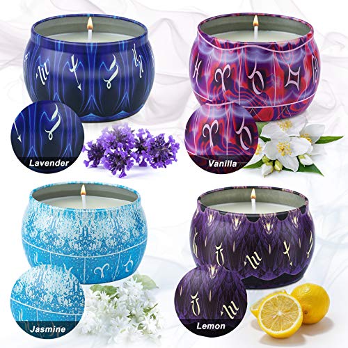 Duftkerzen Geschenkset - Jasmin, Vanille, Lavendel, Zitrone, 4*4,4 Oz Sojawachs Aromatherapie Kerzen Natürliches Sojawachs, Citronella-Kerzen, Tragbare Reise Zinnkerzen für Bad, Yoga, Spa