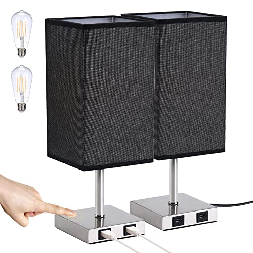 Glighone Nachttischlampe mit 2 USB Anschluss, Touch, E27, Modern Nachttische Tischlampe Tischleuchte Stoff Lampeschirm mit Dimmbirnen Dimmbar Nachtlicht
