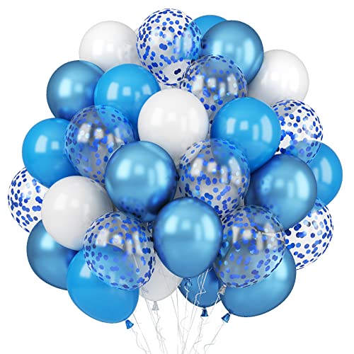 Blau Luftballons Set, 60 Stück 12 Zoll Blau Dunkelblau Weiß Helium Latex Ballons Konfetti Luftballon mit Bändern, Party Deko Zubehör für Geburtstag Hochzeit Babyparty Graduierung Dekoration