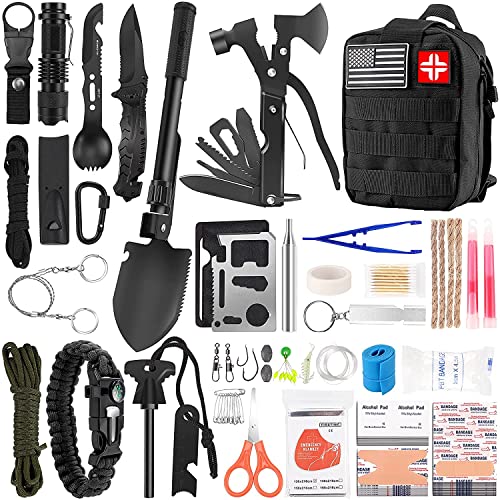 Notfall-Überlebensausrüstung und Erste-Hilfe-Ausrüstung, 142-teilige professionelle Überlebensausrüstung und Ausrüstung mit Molle-Tasche, für Männer, Camping, Outdoor-Abenteuer (BLACK)