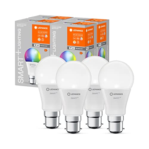 4er Pack  Ledvance Smarte LED-Lampe mit WiFi Technologie, Sockel B22d, Dimmbar, Lichtfarbe änderbar (2700-6500K), RGB Farben änderbar, ersetzt Glühlampen mit 60 W, SMART+ WiFi Classic Multicolour