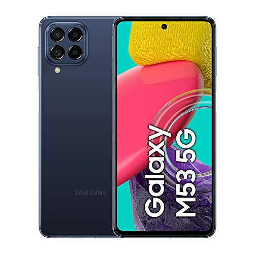 Samsung Galaxy M53 5G, Android Smartphone, 6.7 Zoll Infinity-O TFT Display, 5.000 mAh Akku, 6 GB RAM 128 GB Speicher, Dual-SIM, Dark Blue