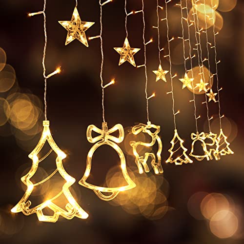 SALCAR 2m Sterne Lichterkette mit Weihnachtsbaum, Glocke, Hirsch, 12er LED Lichtervorhang Fenster Weihnachten, Weihnachtsdeko Fensterdeko Hängend, Warmweiß