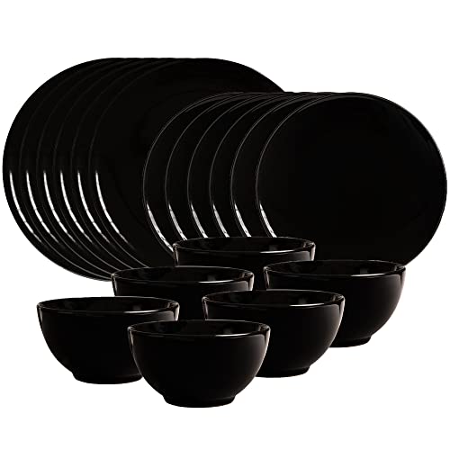 Cesiro Tafelservice 18-teilig. 6 x Speiseteller, Dessertteller und 6 Schüsseln. Glänzend schwarz. Spülmaschinenfest, Elektroofen, Mikrowelle, Gefrierschrank, Lebensmittelecht t