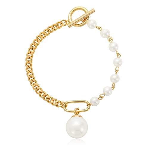MESOVOR 16 Karat Gold Perlenarmbänder für Damen, Kleine Perle Rosenkranz Charm Bead | Kubanisches Kettenarmband mit OT-Knebelverschluss (Gold)