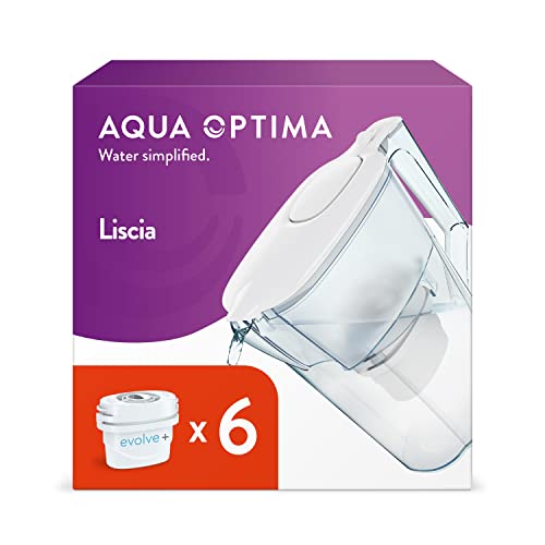 Aqua Optima Liscia Wasserfilterkanne & 6 x 30 Day Evolve+ Wasserfilterkartuschen, 2,5 Liter Fassungsvermögen, zur Reduzierung von Mikroplastik, Chlor, Kalk und Verunreinigungen, weiß [Energieklasse A]