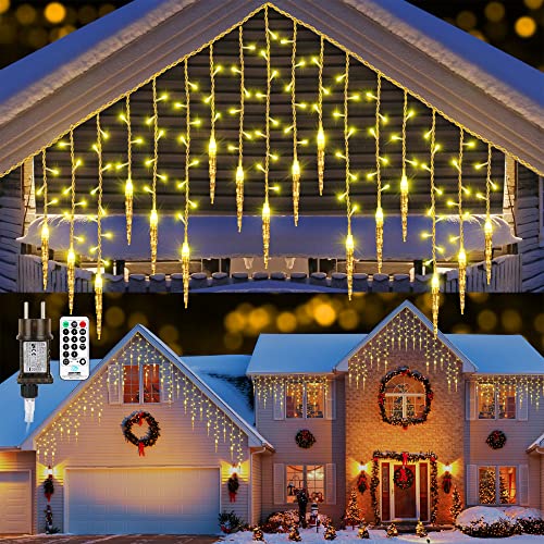 Moxled Eisregen Lichterkette Außen - 9M 360 LED Lichtervorhang Weihnachtsbeleuchtung mit Fernbedienung, Timer, Dimmbar, 8 Modi Eiszapfen Lichterkette Strom für Außen Innen Weihnachten Deko (Warmweiß)