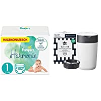 Pampers Baby Windeln Größe 1 (2-5 kg) Harmonie, 102 Stück, HALBMONATSBOX + Tommee Tippee Twist and Click Advanced Windeleimer mit umweltfreundliches System