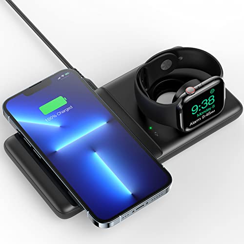 SAFUEL 2 in 1 Wireless Charger Pad, 15W Schnellladeständer Kabellose Ladestation Ladegerät für iPhone 14 13 12 11 Pro Max Mini XR Samsung Galaxy S23 S22 iWatch Google Pixel (No Watch Charging Cable)