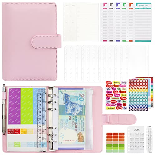 A6 Budget Planner, PU Leder A6 Binder Notebook, Rosa Budget Binder, Binderumschlägen, Budgetblätter, Etikettenaufklebern, Lineal, für Abrechnung von Reise- und Lebenshaltungskosten