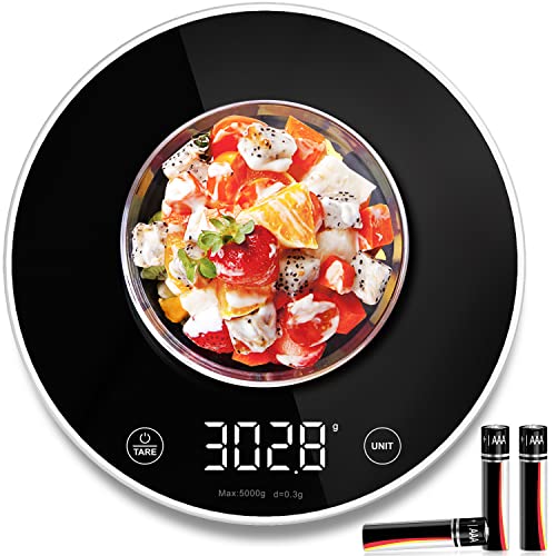 VOCOO Digitale Professionelle Küchenwaage Gewicht bis zu 5 kg (0.1g-genau) Digitale multifunktionale Lebensmittelwaage mit großer LED gehärtetes Glas Wiegefläche und Tara,Weiß
